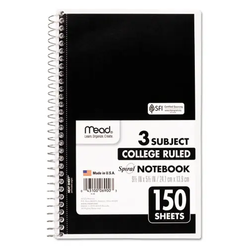 Mead® Spiral Notebook, 3-Subject, Medium/College Rule, Randomly Assorted Cover Color, 150 Sheets, 9.5 x 5.5