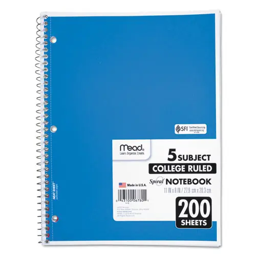 Mead® Spiral Notebook, 5-Subject, Medium/College Rule, Randomly Assorted Cover Color, 200 Sheets, 11 x 8 Inches