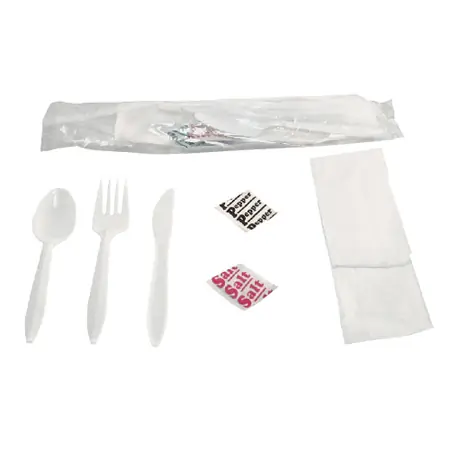 Mediumweight Individually Wrapped Cutlery Kit with Napkin, Salt & Pepper, White, 13" x 12"