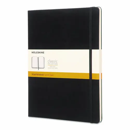 Moleskine® Classic Colored Hardcover Notebook, 1-Subject, Narrow Rule, Black Cover, 192 Sheets, 10" x 7.5"