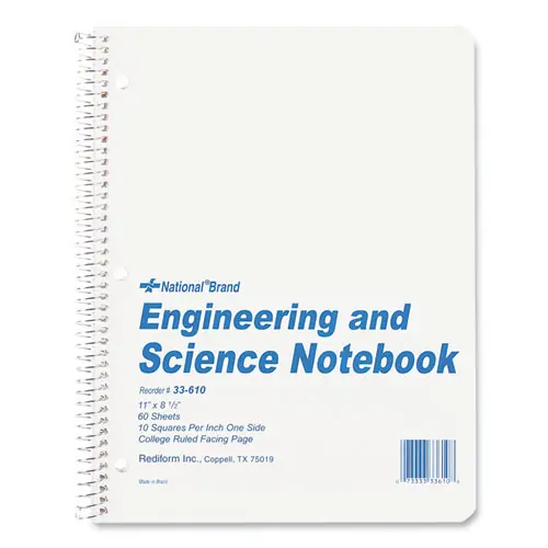 National® Engineering and Science Notebook, Quadrille Rule (10 sq/in), White Cover, (60) Sheets, 11 x 8.5 inches