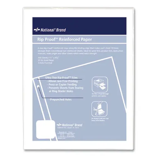 National® Rip Proof Reinforced Filler Paper, 3-Hole, 8.5 x 11, Unruled, 100/Pack