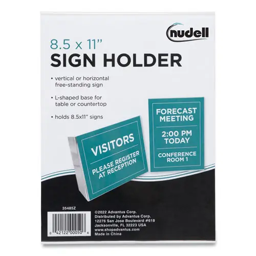 NuDell™ Clear Plastic Slanted L-Shaped Countertop Sign Holder, Side-Load, Horizontal/Vertical Orientation, 8.5 x 11 Insert