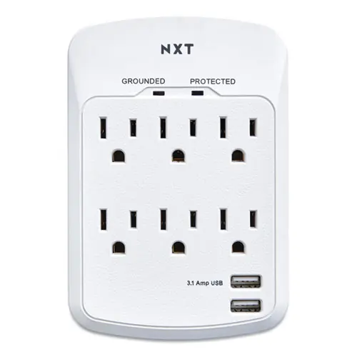 NXT Technologies™ Wall-Mount Surge Protector, 6 AC Outlets/2 USB Ports, 1,200 J, White