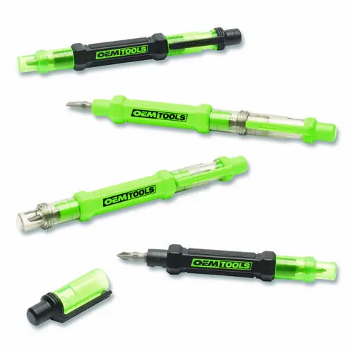 OEMTOOLS® 6-Way Pen-Style Screw/Nut Driver, Phillips/Slotted Bits, Metric Sockets, 5.38" Long, Black/Green, Green/Clear, 4/Pack