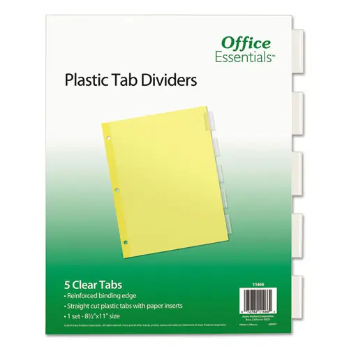 Office Essentials™ Plastic Insertable Dividers, 5-Tab, 11 x 8.5, Clear Tabs, 1 Set