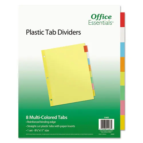 Office Essentials™ Plastic Insertable Dividers, 8-Tab, 11 x 8.5, Assorted Tabs, 1 Set