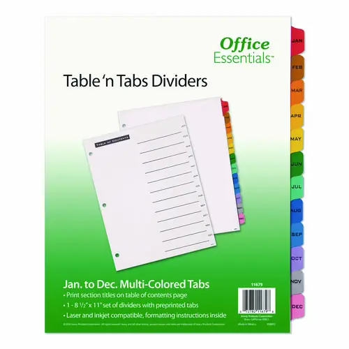 Office Essentials™ Table 'n Tabs Dividers, 12-Tab, Jan. to Dec., 11 x 8.5, White, Assorted Tabs