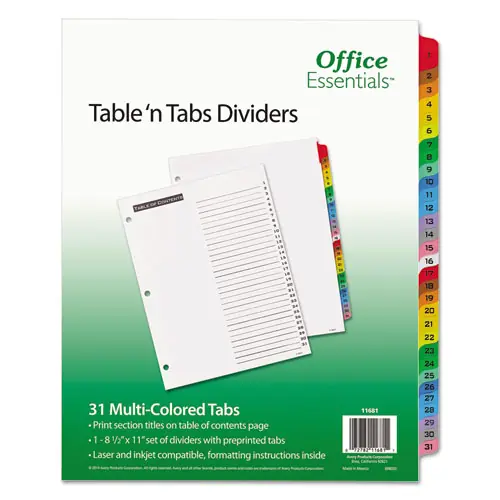 Office Essentials™ Table 'n Tabs Dividers, 31-Tab, 1 to 31, 11 x 8.5, White, Assorted Tabs