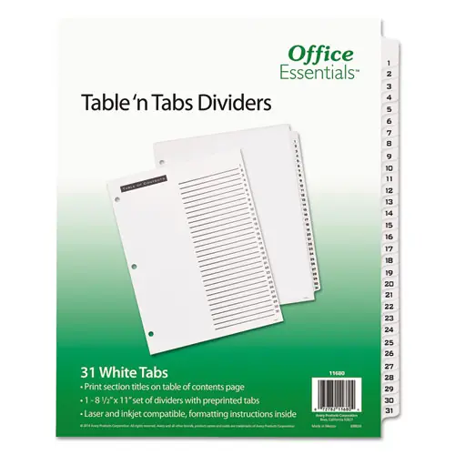 Office Essentials™ Table 'n Tabs Dividers, 31-Tab, 1 to 31, White Tabs, 1 Set