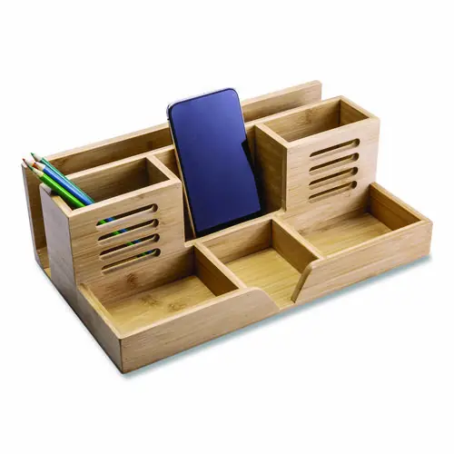 Officemate Bamboo Desk Organizer, 7 Compartments, Natural Wood Grain