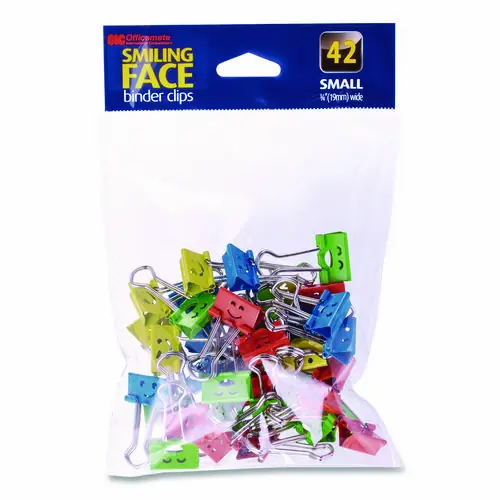 Officemate Smiling Face Binder Clips, Small, Assorted Colors, 42/Pack