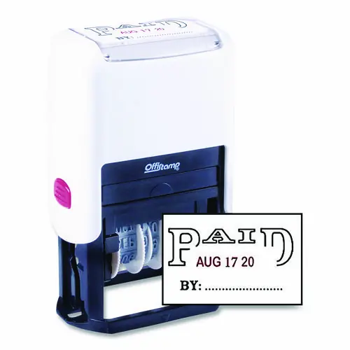 Offistamp® Self-Inking Message Stamp, PAID with Blank "By" Line, Dual-Color Ink, 12-Year Date Range