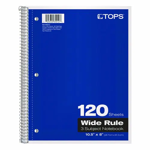Oxford™ Coil-Lock Wirebound Notebook, 3-Subject, Wide/Legal Rule, 120 Sheets, 10.5" x 8", Randomly Assorted Covers, 3-Hole Punched