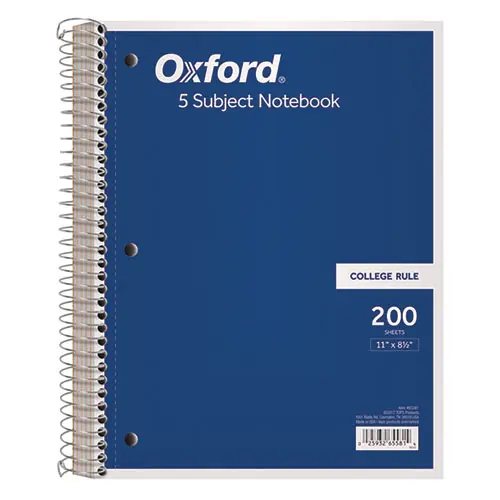 Oxford™ Coil-Lock Wirebound Notebook, 5-Subject, College Rule, 200 Sheets, 11 x 8.5, Randomly Assorted Covers, 3-Hole Punch
