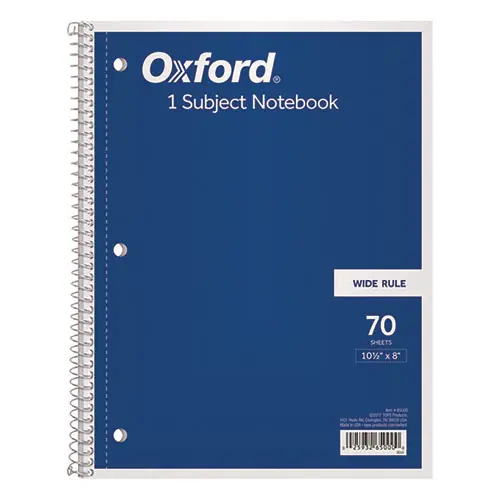 Oxford™ Coil-Lock Wirebound Notebook, 3-Hole Punched, Wide/Legal Rule, Assorted Colors, 70 Sheets, 10.5" x 8"
