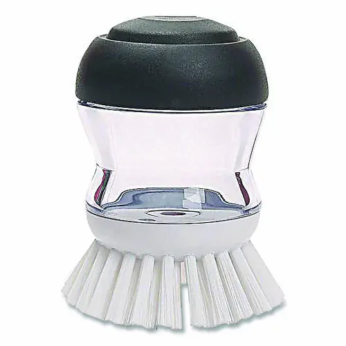 OXO Good Grips Soap Dispensing Palm Brush, White Nylon Bristles, 4" Brush, Clear/Black Handle