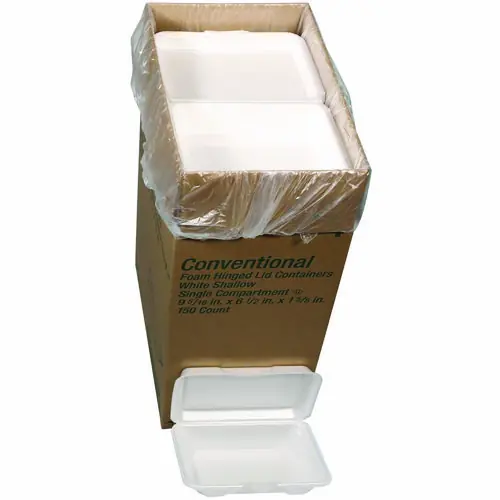 Pactiv Evergreen Conventional Foam Hinged Lid Container, Shallow, 9 x 6.5 x 1.6, White, 150/Carton