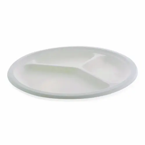 Pactiv Evergreen EarthChoice PFAS Free Compostable Dinnerware, 3-Compartment Plate, 10" dia, White, 500/Carton