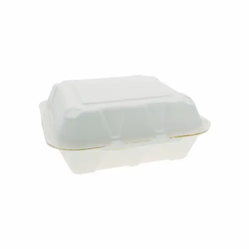 Pactiv Evergreen EarthChoice PFAS Free Compostable Hinged Lid Container, 9 x 9 x 3, White, Sugarcane, 150/Carton