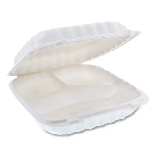 Pactiv Evergreen EarthChoice SmartLock Microwavable MFPP Hinged Lid Container, 3 Compartments, 9 x 9 x 3.1, White, Plastic, 120/Carton