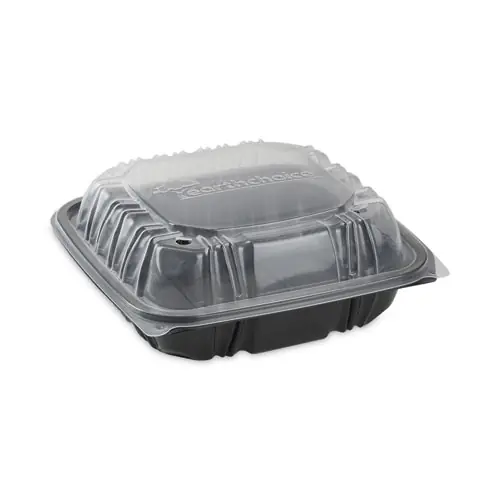 Pactiv Evergreen EarthChoice Vented Dual Color Microwavable Hinged Lid Container, 38 oz, Black/Clear, Plastic, 150/Carton