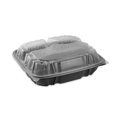 Pactiv Evergreen EarthChoice Vented Dual Color Microwavable Hinged Lid Container, 3-Compartment Base with Lid, 34 oz Capacity, Black/Clear, Plastic, Carton of 132