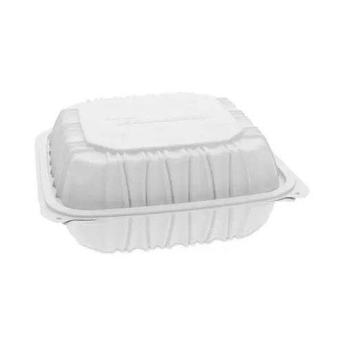 Pactiv Evergreen EarthChoice Vented Microwavable MFPP Hinged Lid Container, 3 Compartments, White, Plastic, 146/Carton