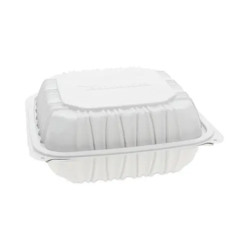 Pactiv Evergreen EarthChoice Vented Microwavable MFPP Hinged Lid Container, 8.5" x 8.5" x 3.1", White, Plastic, 146/Carton