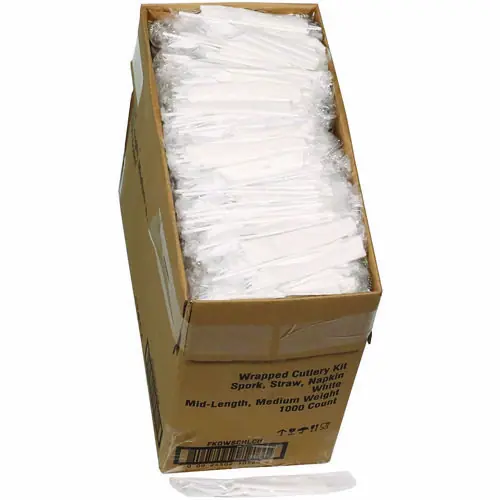 Pactiv Evergreen Fieldware Cutlery Kit, Mediumweight, Napkin/Spork/Straw, Plastic, White, 1,000/Carton