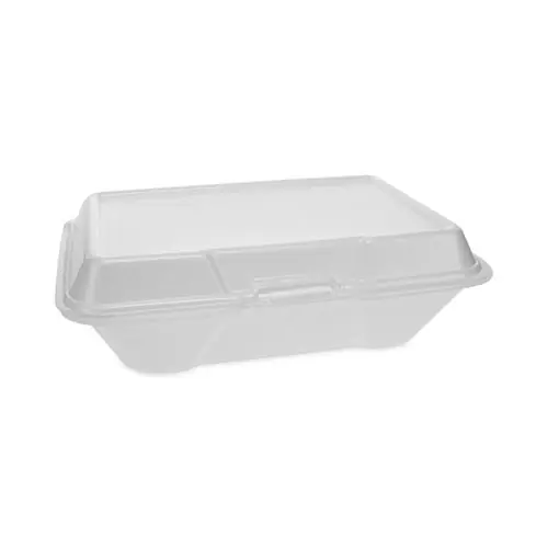 Pactiv Evergreen Foam Hinged Lid Container, Single Tab Lock #205 Utility, 9.19 x 6.5 x 2.75, White, 150/Carton