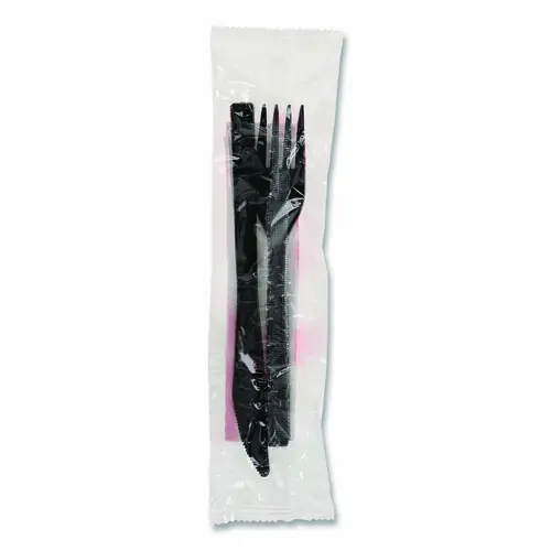 Pactiv Evergreen Gardenware Cutlery Kit, Heavyweight Plastic, Fork/Knife/Napkin, Black, 500/Carton