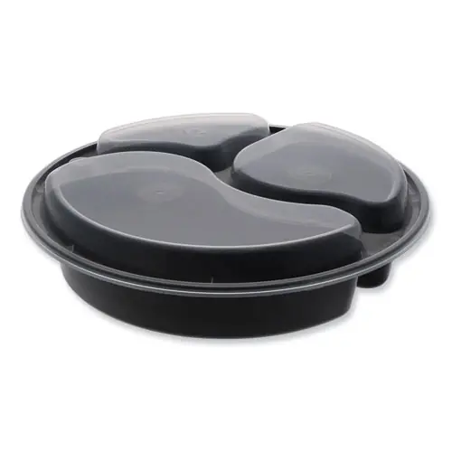 Pactiv Evergreen Newspring VERSAtainer Microwavable Containers, Round, 3 Compartments, 39 oz, Black/Clear, Plastic, 150/Carton