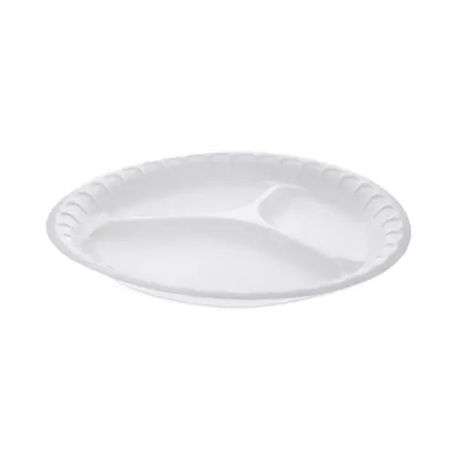 Pactiv Evergreen Placesetter Satin Non-Laminated Foam Dinnerware, 3-Compartment Plate, 10.25" dia, White, 540/Carton
