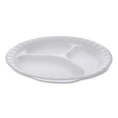 Pactiv Evergreen Placesetter Satin Non-Laminated Foam Dinnerware, 3-Compartment Plate, 9" Diameter, White, 500/Carton