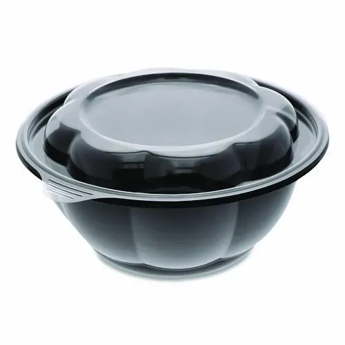 Pactiv Evergreen Roseware Bowl with Lid, 80 oz, Black Base/Clear Lid, Plastic, 252/Carton