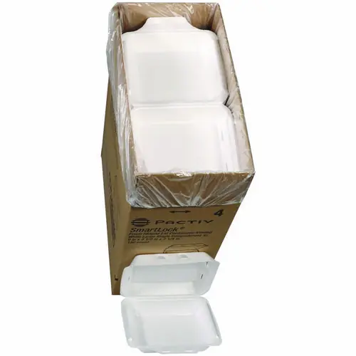 Pactiv Evergreen SmartLock Vented Foam Hinged Lid Container, White, 9 x 9.5 x 3.3, 150/Carton