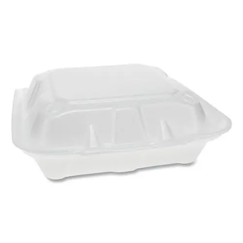 Pactiv Evergreen Vented Foam Hinged Lid Container, Dual Tab Lock, 3 Compartments, White, 150/Carton