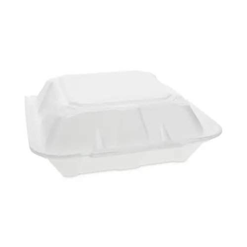 Pactiv Evergreen Vented Foam Hinged Lid Container, Dual Tab Lock, 9.13 x 9 x 3.25, White, 150/Carton