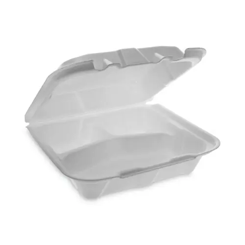 Pactiv Evergreen Vented Foam Hinged Lid Container, 3 Compartments, White, 8.42" x 8.15" x 3", 150/Carton