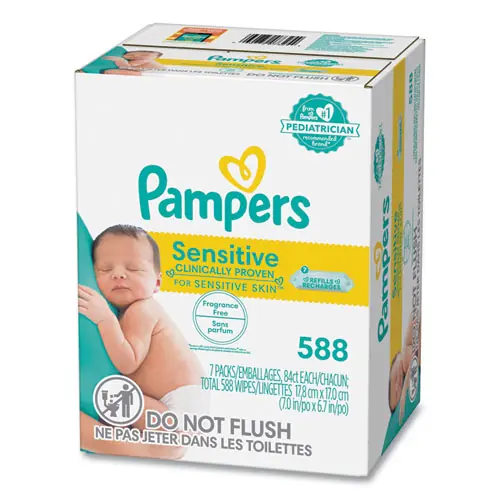 Pampers® Sensitive Baby Wipes, Unscented, White, 84 Wipes/Pack, 7 Packs/Carton