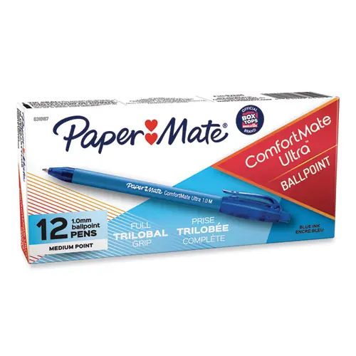 Paper Mate® ComfortMate Ultra Ballpoint Pen, Retractable, Medium 1 mm, Blue Ink, Blue Barrel, Dozen