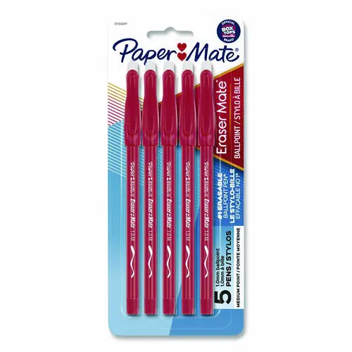 Paper Mate® Eraser Mate Ballpoint Pen, Stick, Medium 1 mm, Red Ink, Red Barrel, 5/Pack