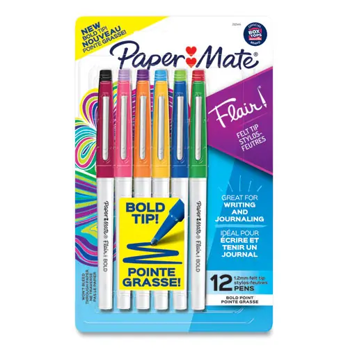 Paper Mate® Flair Felt Tip Porous Point Pen, Bold 1.2 mm, Assorted Ink Colors, White Pearl Barrel, 12/Pack