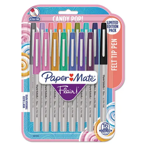 Paper Mate® Flair Felt Tip Porous Point Pen, Extra-Fine 0.4 mm, Assorted Ink Colors, Gray Barrel, 16/Pack