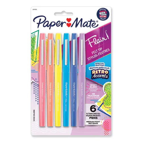 Paper Mate® Flair Felt Tip Porous Point Pen with Retro Accents, Stick, Medium 0.7 mm, Assorted Ink and Barrel Colors, 6/Pack