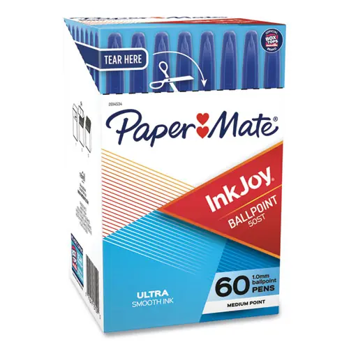 Paper Mate® InkJoy 50ST Ballpoint Pen, Medium Point, 1 mm, Blue Ink, Clear Barrel, 60/Pack