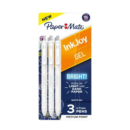 Paper Mate® InkJoy Gel Bright Gel Pen, Retractable, Medium, 0.7 mm, White Ink, White Barrel, 3/Pack
