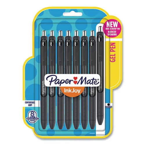Paper Mate® InkJoy Gel Pen, Retractable, Medium 0.7 mm, Black Ink, Black/Smoke Barrel, 8/Pack
