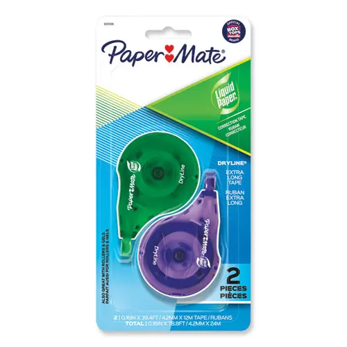 Paper Mate® Liquid Paper® DryLine Correction Tape, Green/Purple, 2 Pack, 0.17" x 472"